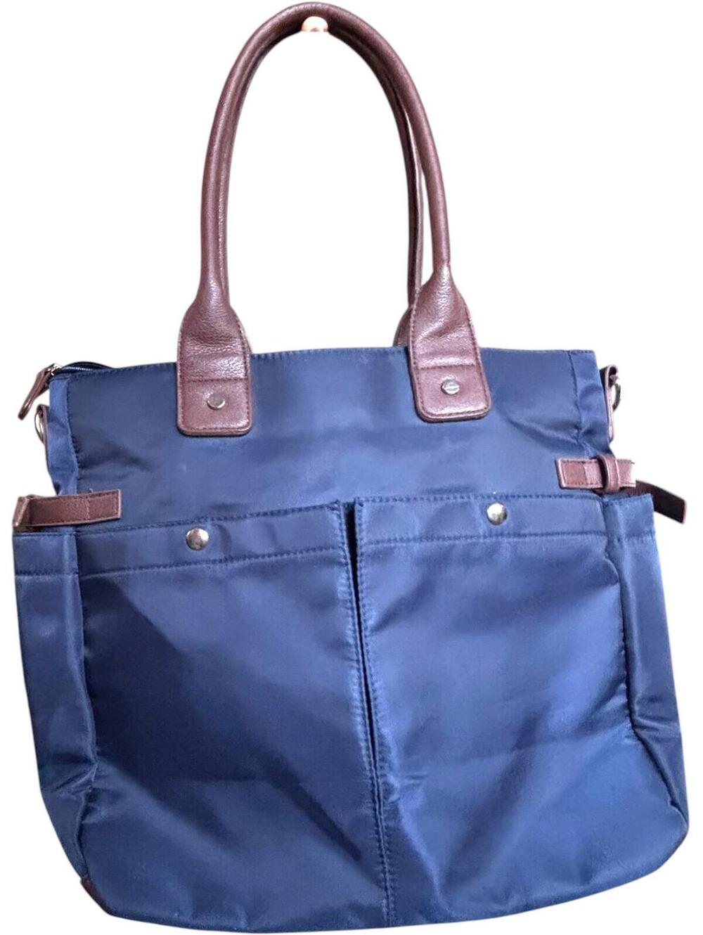 Signature Navy Blue Tote Bag with Brown Handles